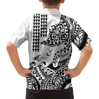Hawaiian Tribal Manta Ray Family Matching Short Sleeve Bodycon Dress and Hawaiian Shirt Kakau Tattoo and Polynesian Art Motif Pattern