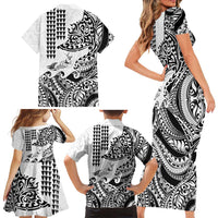 Hawaiian Tribal Manta Ray Family Matching Short Sleeve Bodycon Dress and Hawaiian Shirt Kakau Tattoo and Polynesian Art Motif Pattern