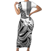 Hawaiian Tribal Manta Ray Family Matching Short Sleeve Bodycon Dress and Hawaiian Shirt Kakau Tattoo and Polynesian Art Motif Pattern