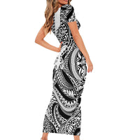 Hawaiian Tribal Manta Ray Family Matching Short Sleeve Bodycon Dress and Hawaiian Shirt Kakau Tattoo and Polynesian Art Motif Pattern