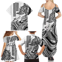 Hawaiian Tribal Manta Ray Family Matching Summer Maxi Dress and Hawaiian Shirt Kakau Tattoo and Polynesian Art Motif Pattern