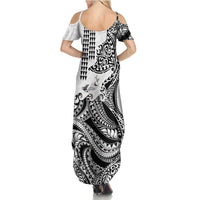 Hawaiian Tribal Manta Ray Family Matching Summer Maxi Dress and Hawaiian Shirt Kakau Tattoo and Polynesian Art Motif Pattern