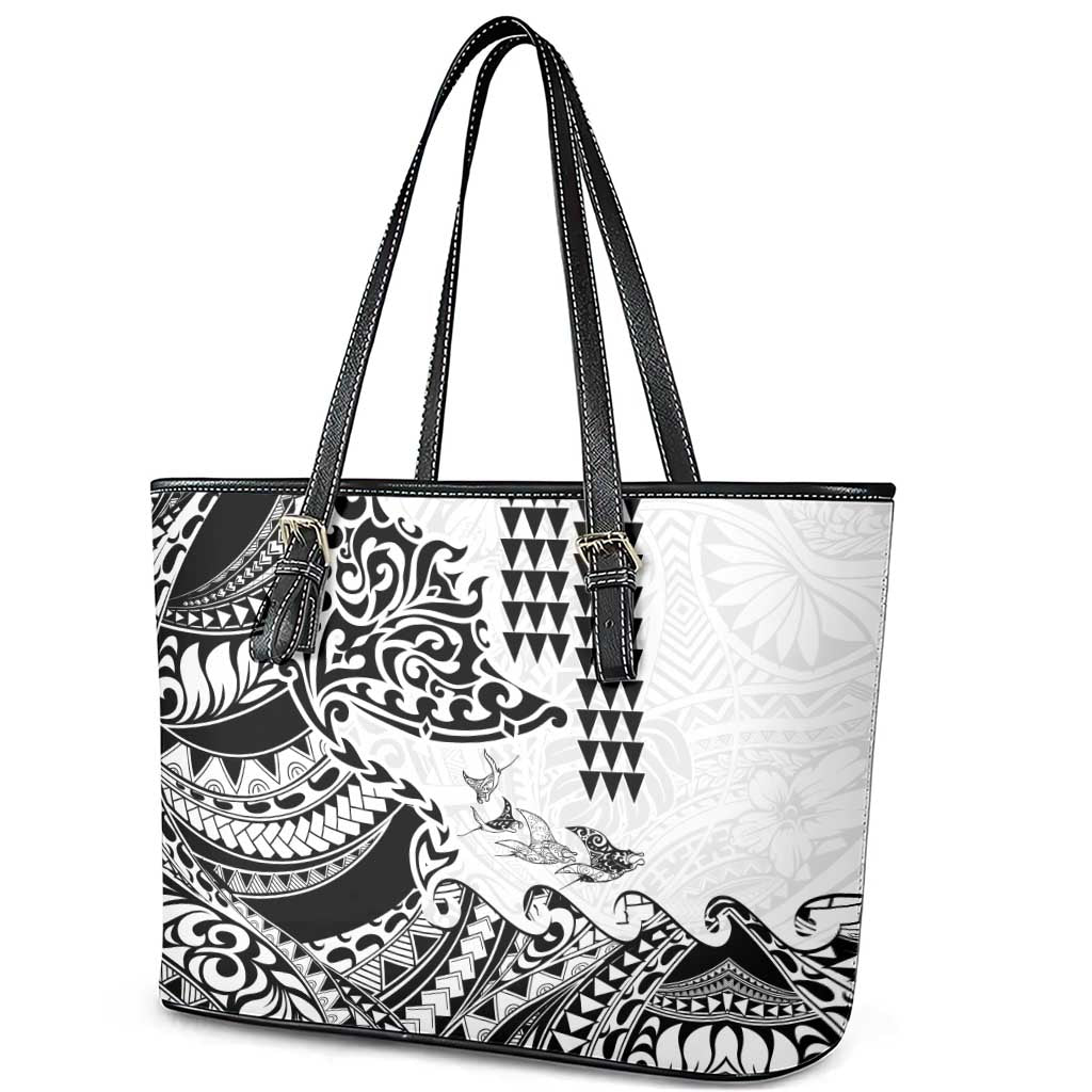 Hawaiian Tribal Manta Ray Leather Tote Bag Kakau Tattoo and Polynesian Art Motif Pattern LT03 - Polynesian Pride