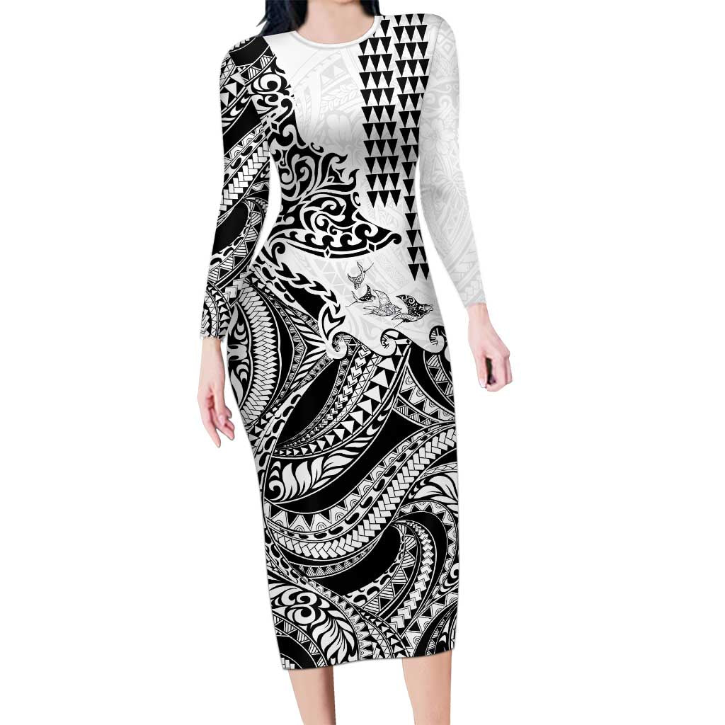 Hawaiian Tribal Manta Ray Long Sleeve Bodycon Dress Kakau Tattoo and Polynesian Art Motif Pattern LT03 Long Dress Multicolor - Polynesian Pride