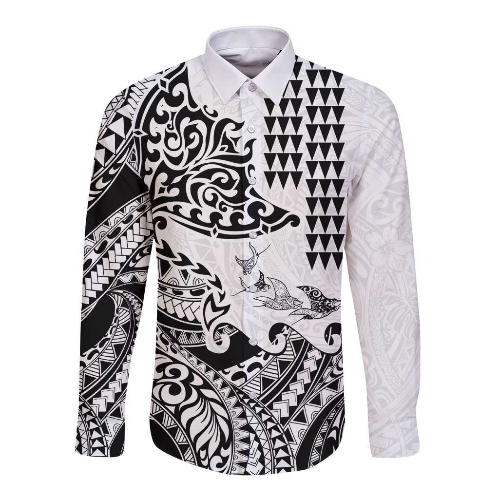 Hawaiian Tribal Manta Ray Long Sleeve Button Shirt Kakau Tattoo and Polynesian Art Motif Pattern LT03 Unisex Multicolor - Polynesian Pride