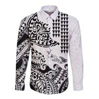 Hawaiian Tribal Manta Ray Long Sleeve Button Shirt Kakau Tattoo and Polynesian Art Motif Pattern LT03 Unisex Multicolor - Polynesian Pride