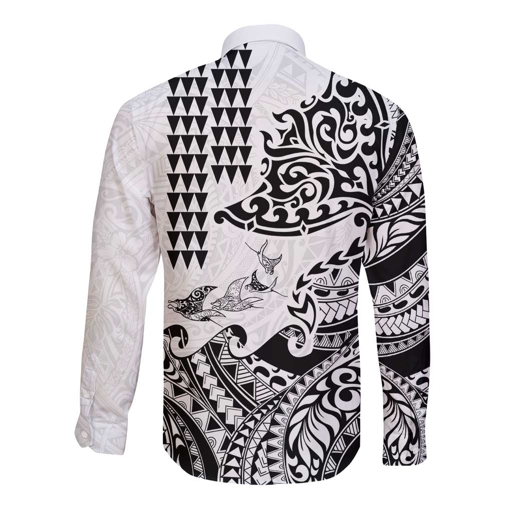 Hawaiian Tribal Manta Ray Long Sleeve Button Shirt Kakau Tattoo and Polynesian Art Motif Pattern LT03 - Polynesian Pride