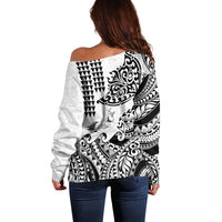 Hawaiian Tribal Manta Ray Off Shoulder Sweater Kakau Tattoo and Polynesian Art Motif Pattern LT03 - Polynesian Pride