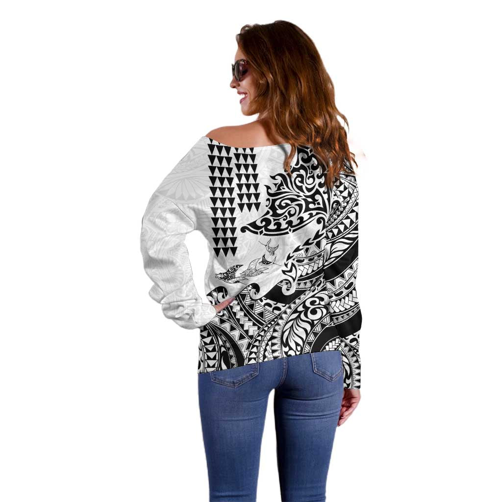 Hawaiian Tribal Manta Ray Off Shoulder Sweater Kakau Tattoo and Polynesian Art Motif Pattern LT03 - Polynesian Pride