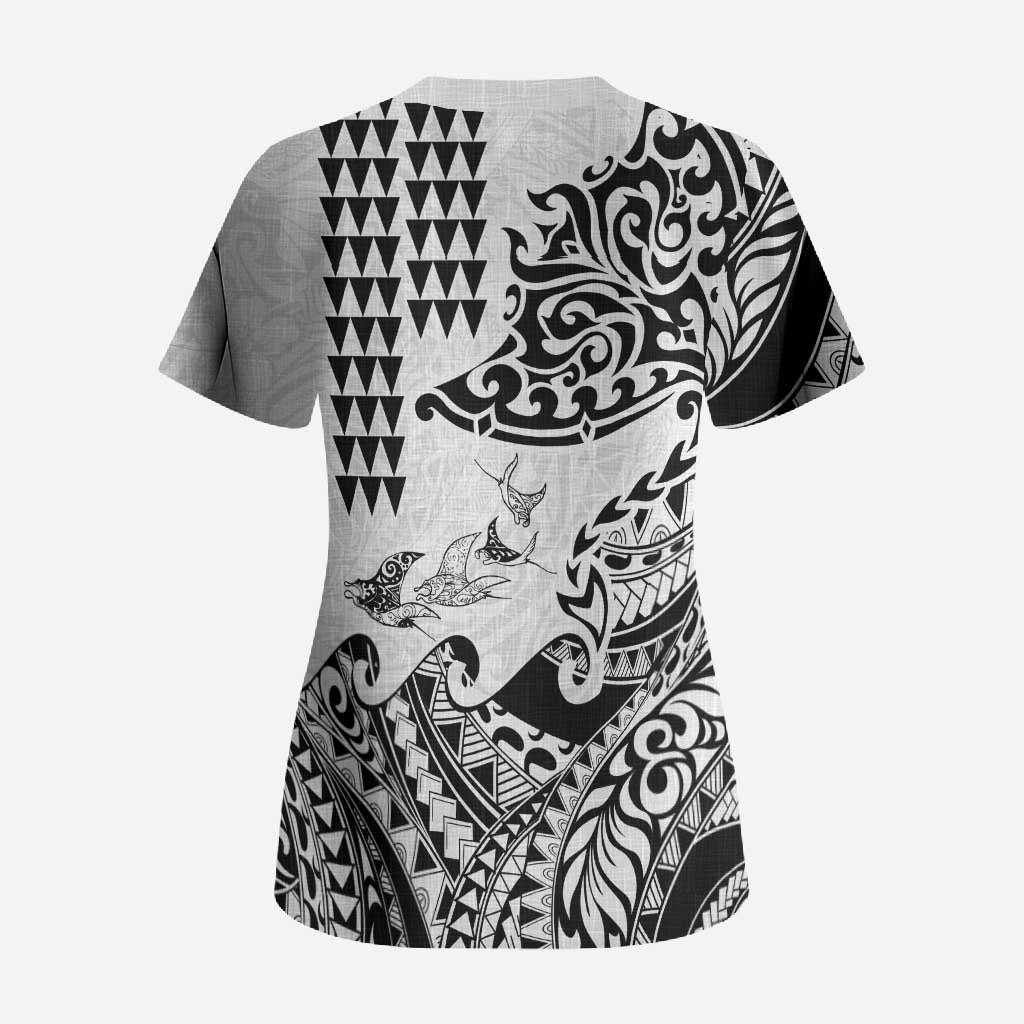 Hawaiian Tribal Manta Ray Scrub Top Kakau Tattoo and Polynesian Art Motif Pattern LT03 - Polynesian Pride