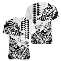 Hawaiian Tribal Manta Ray Women V-Neck T-Shirt Kakau Tattoo and Polynesian Art Motif Pattern