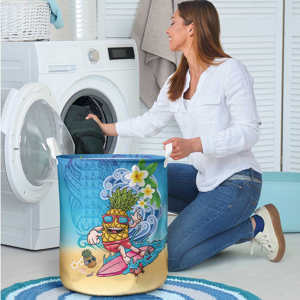 Hawaiian Funny Pineapple Surfing Laundry Basket Beach with Tribal Kakau and Plumeria LT03 - Polynesian Pride