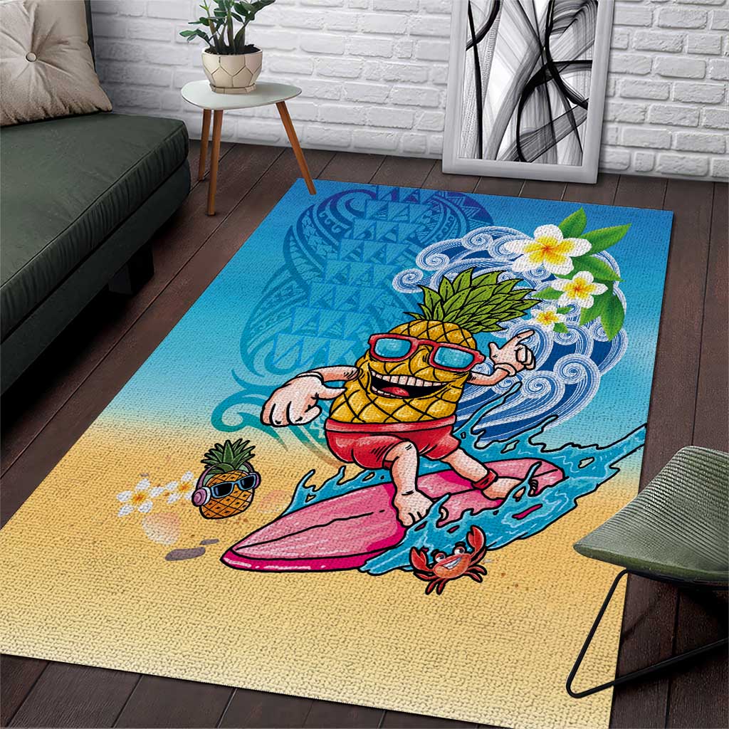 Hawaiian Funny Pineapple Surfing Area Rug Beach with Tribal Kakau and Plumeria