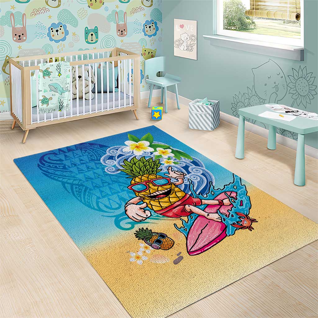 Hawaiian Funny Pineapple Surfing Area Rug Beach with Tribal Kakau and Plumeria