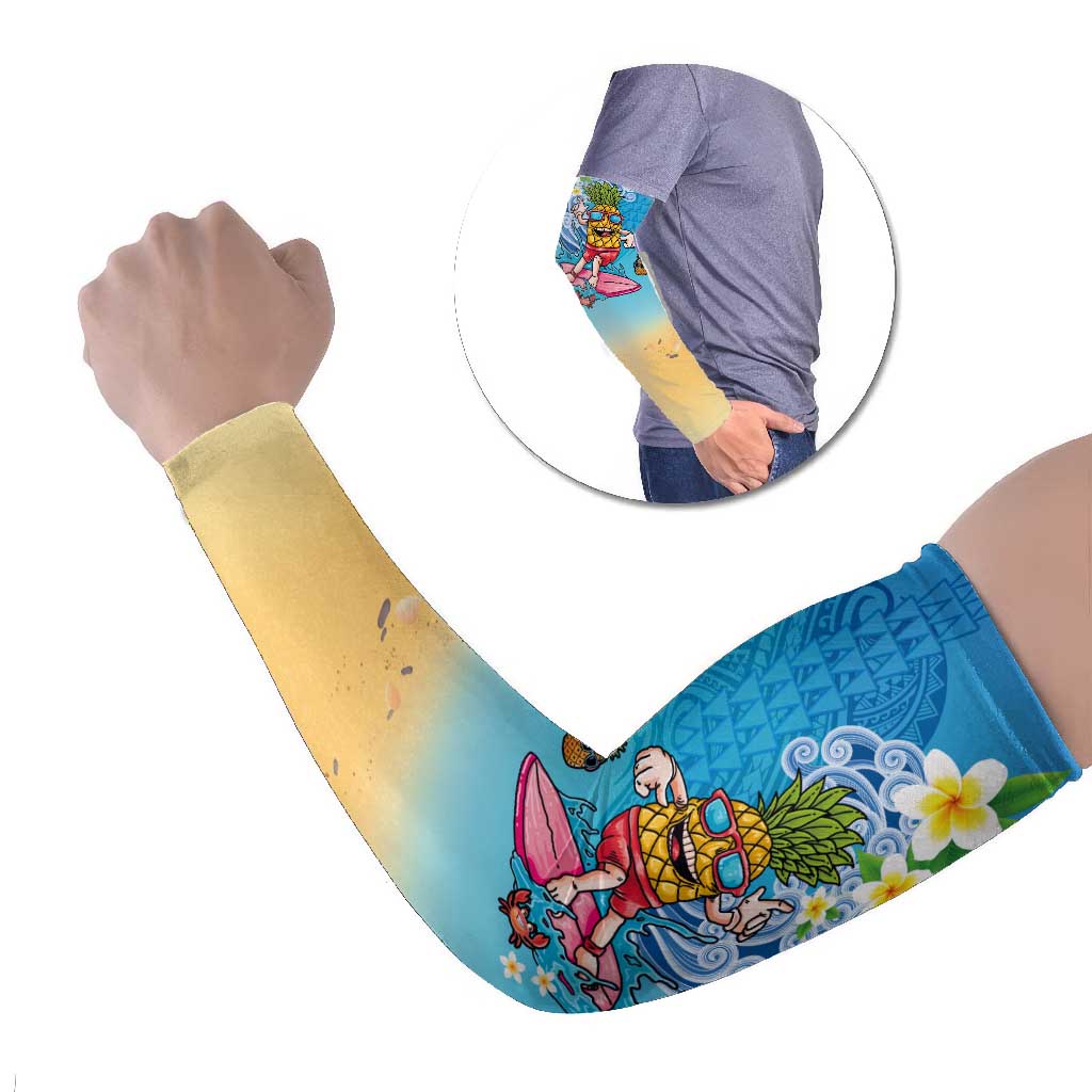 Hawaiian Funny Pineapple Surfing Arm Sleeves Beach with Tribal Kakau and Plumeria