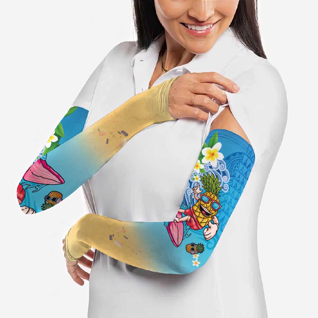 Hawaiian Funny Pineapple Surfing Arm Sleeves Beach with Tribal Kakau and Plumeria