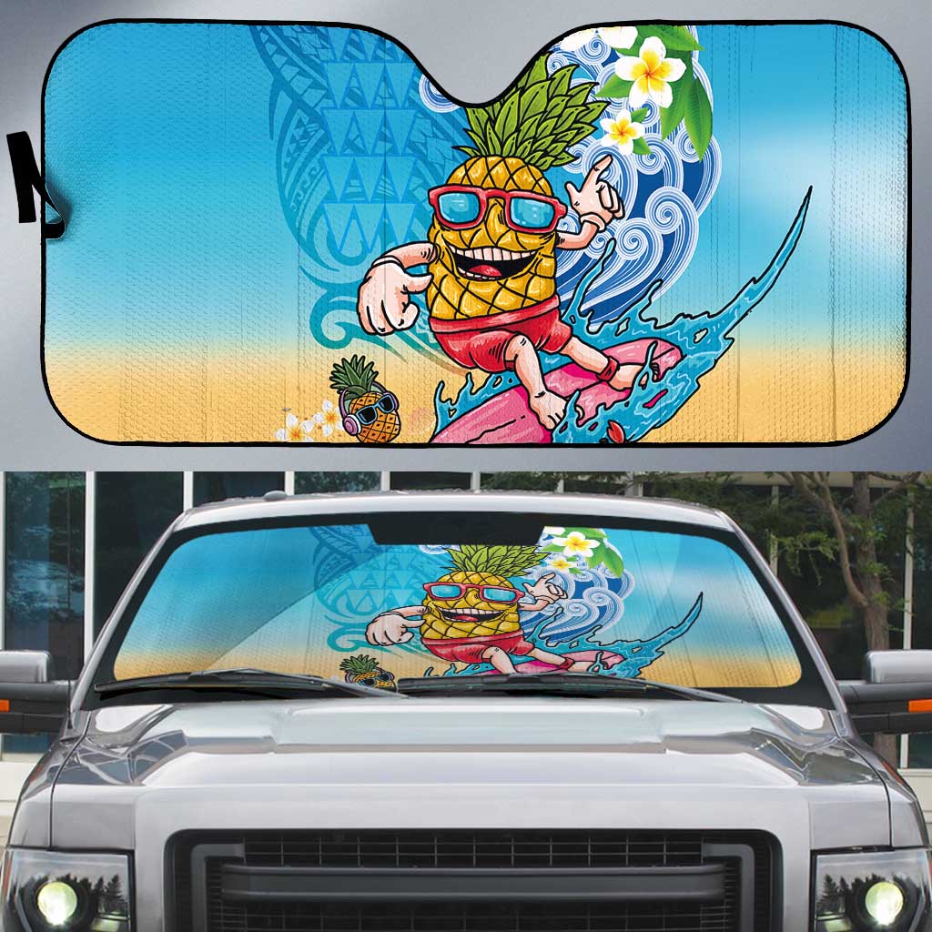 Hawaiian Funny Pineapple Surfing Auto Sun Shade Beach with Tribal Kakau and Plumeria LT03 Multicolor - Polynesian Pride