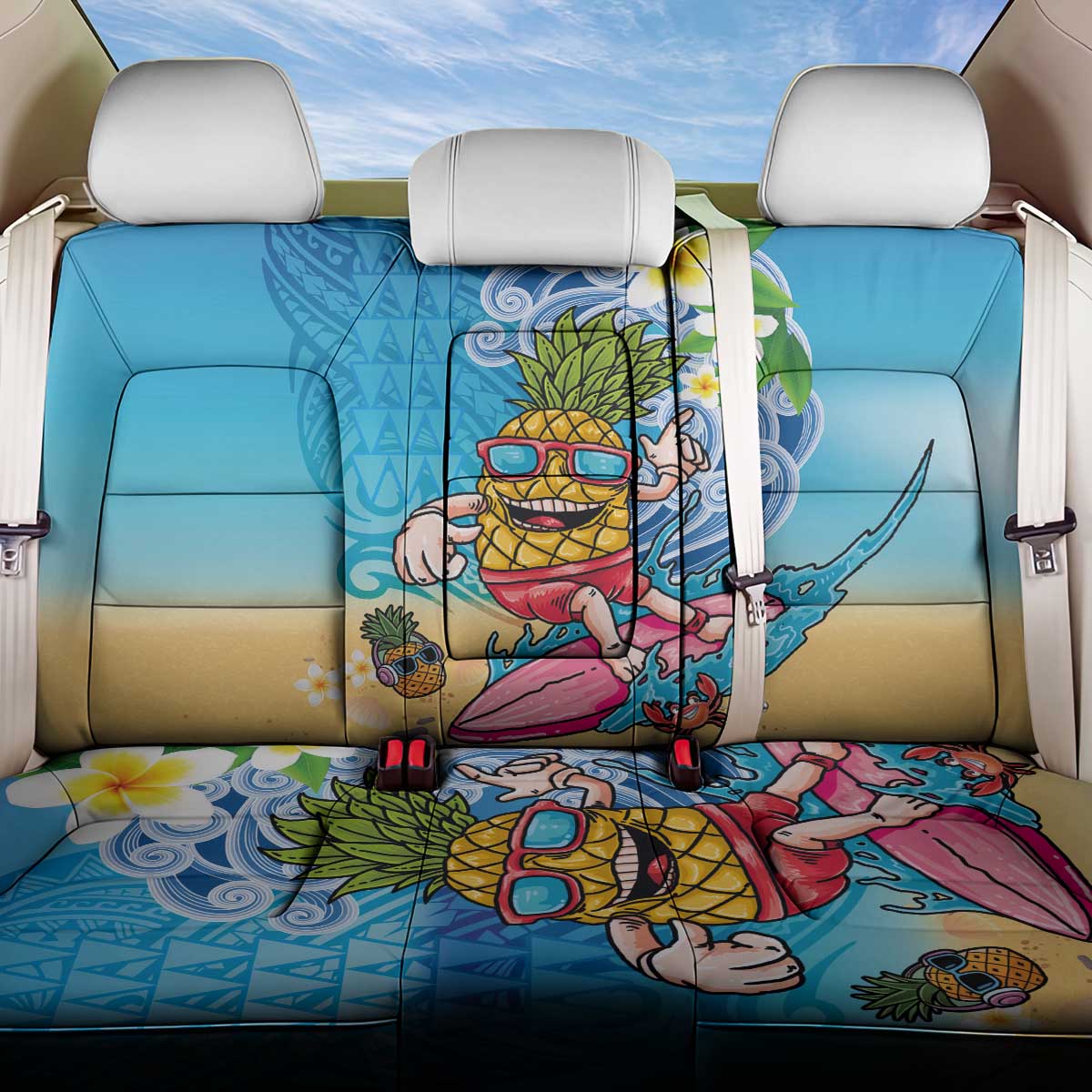 Hawaiian Funny Pineapple Surfing Back Car Seat Cover Beach with Tribal Kakau and Plumeria