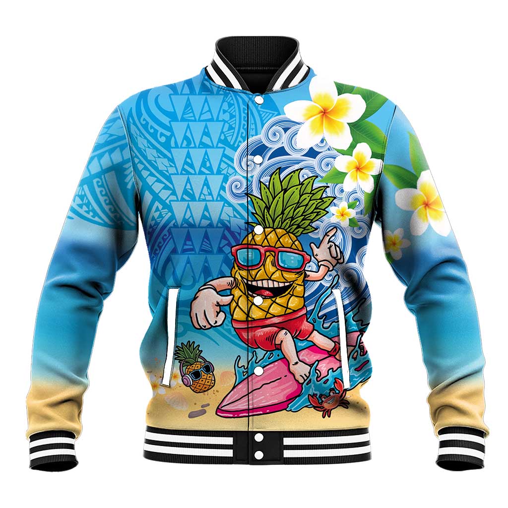 Hawaiian Funny Pineapple Surfing Baseball Jacket Beach with Tribal Kakau and Plumeria LT03 Unisex Multicolor - Polynesian Pride