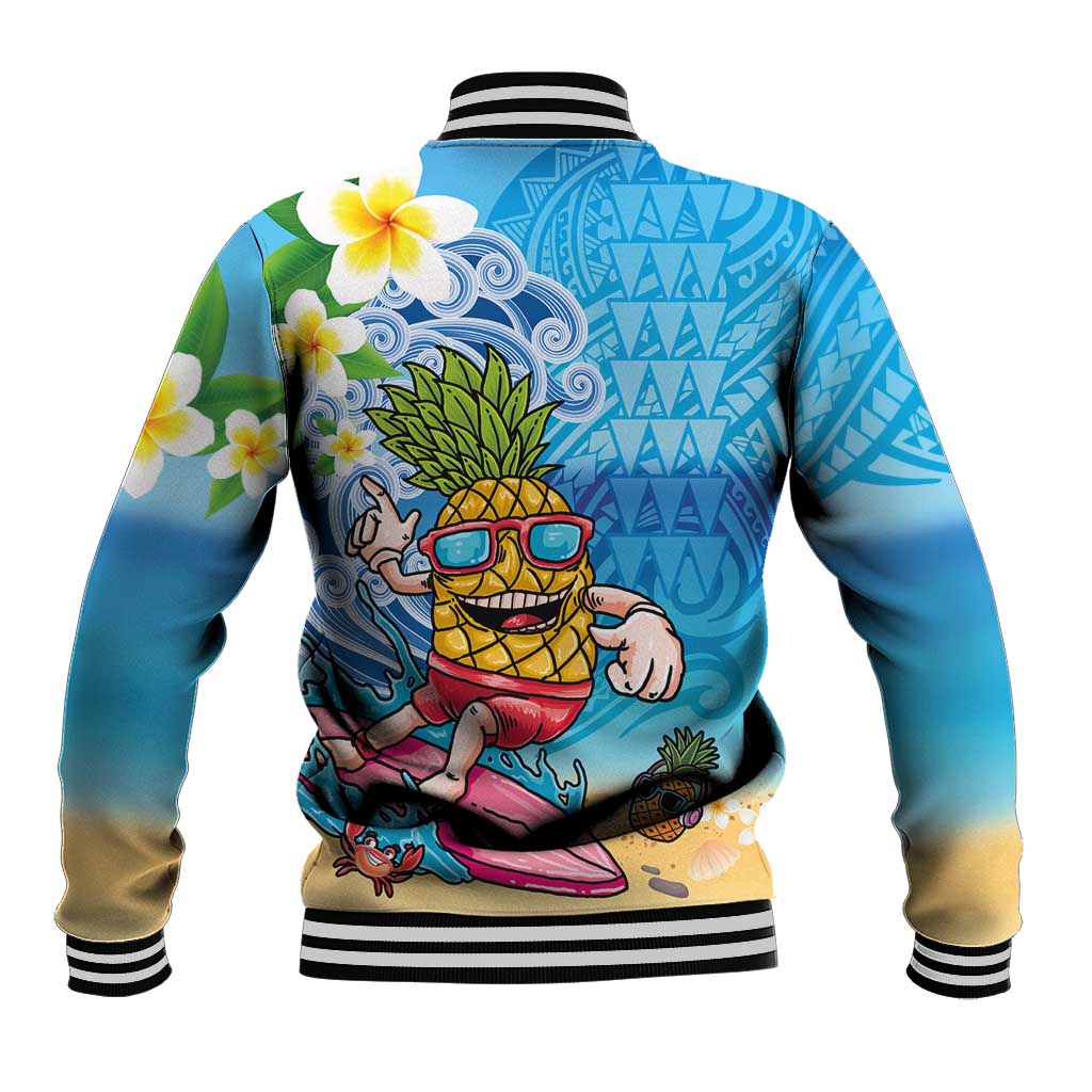 Hawaiian Funny Pineapple Surfing Baseball Jacket Beach with Tribal Kakau and Plumeria LT03 - Polynesian Pride