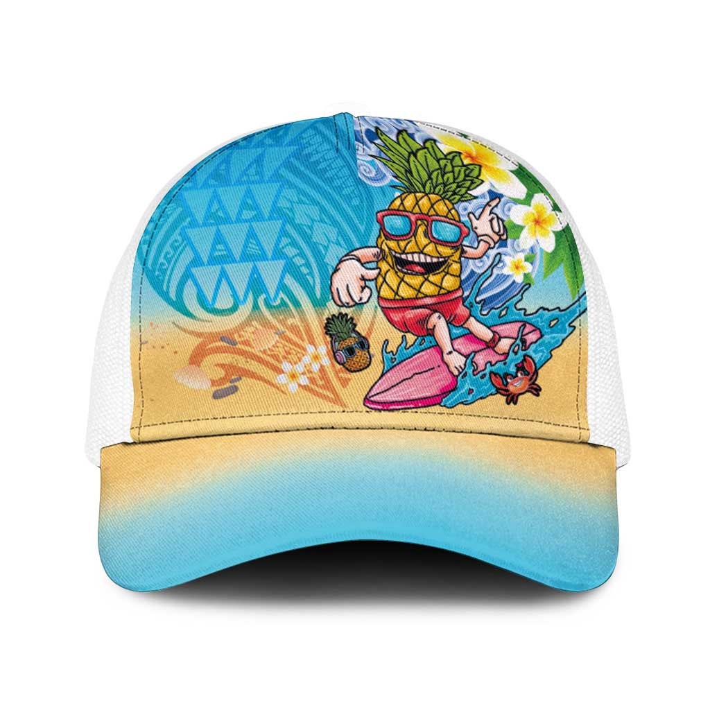 Hawaiian Funny Pineapple Surfing Baseball Net Cap Beach with Tribal Kakau and Plumeria LT03 One Size White Multicolor - Polynesian Pride