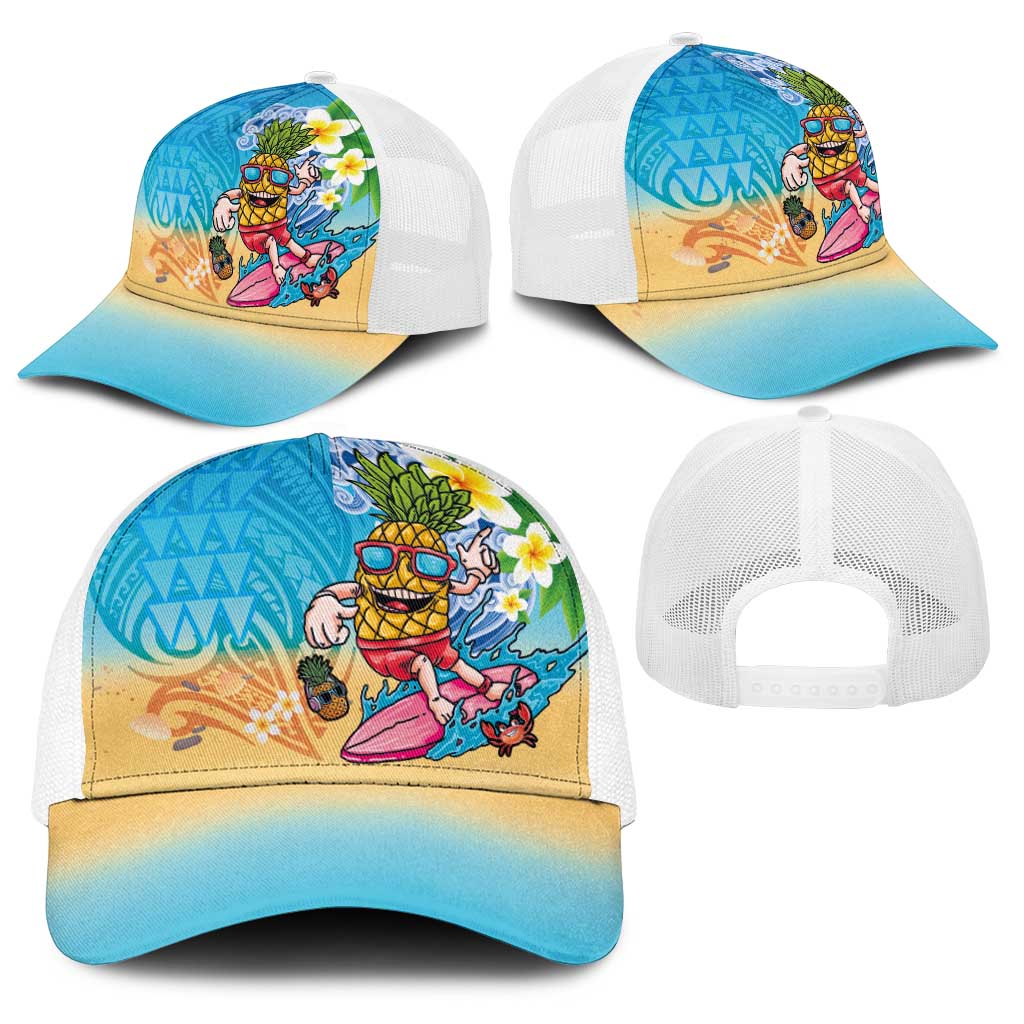 Hawaiian Funny Pineapple Surfing Baseball Net Cap Beach with Tribal Kakau and Plumeria LT03 - Polynesian Pride