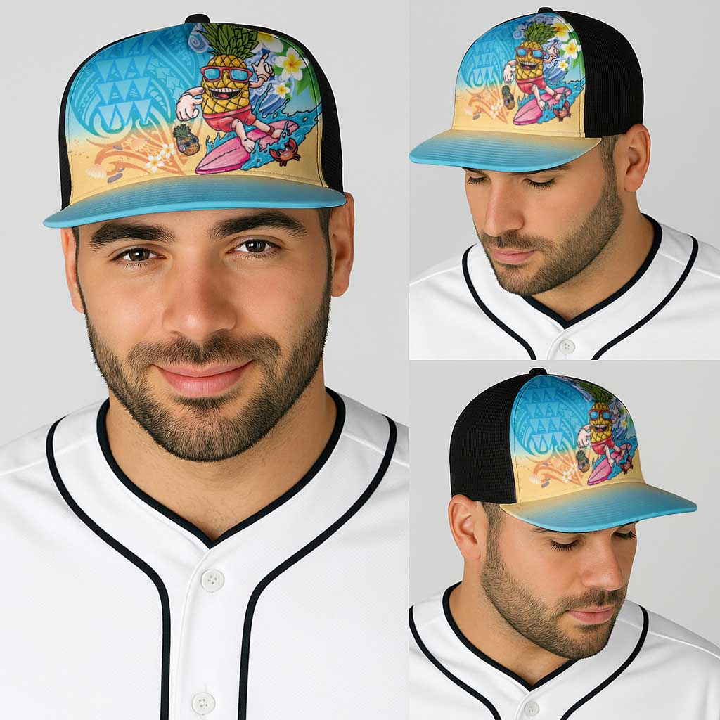 Hawaiian Funny Pineapple Surfing Baseball Net Cap Beach with Tribal Kakau and Plumeria LT03 - Polynesian Pride