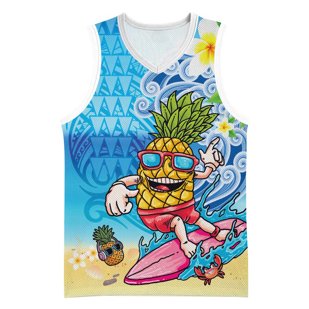 Hawaiian Funny Pineapple Surfing Basketball Jersey Beach with Tribal Kakau and Plumeria LT03 Unisex Multicolor - Polynesian Pride