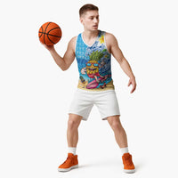 Hawaiian Funny Pineapple Surfing Basketball Jersey Beach with Tribal Kakau and Plumeria LT03 - Polynesian Pride