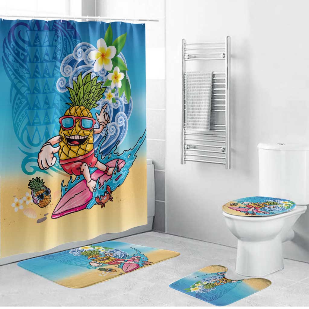 Hawaiian Funny Pineapple Surfing Bathroom Set Beach with Tribal Kakau and Plumeria LT03 Bathroom Set (4 pcs) Multicolor - Polynesian Pride