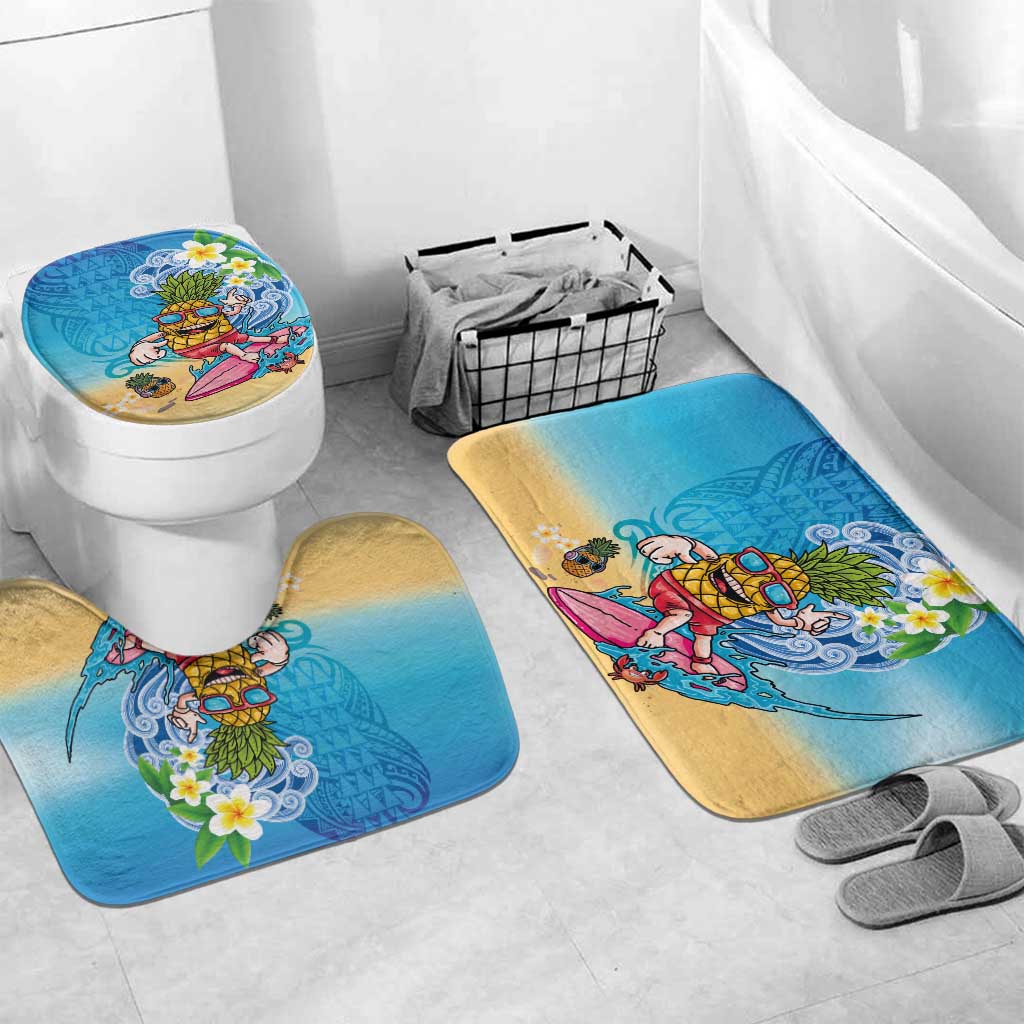 Hawaiian Funny Pineapple Surfing Bathroom Set Beach with Tribal Kakau and Plumeria LT03 Mat Set Only (3 pcs) One Size Multicolor - Polynesian Pride