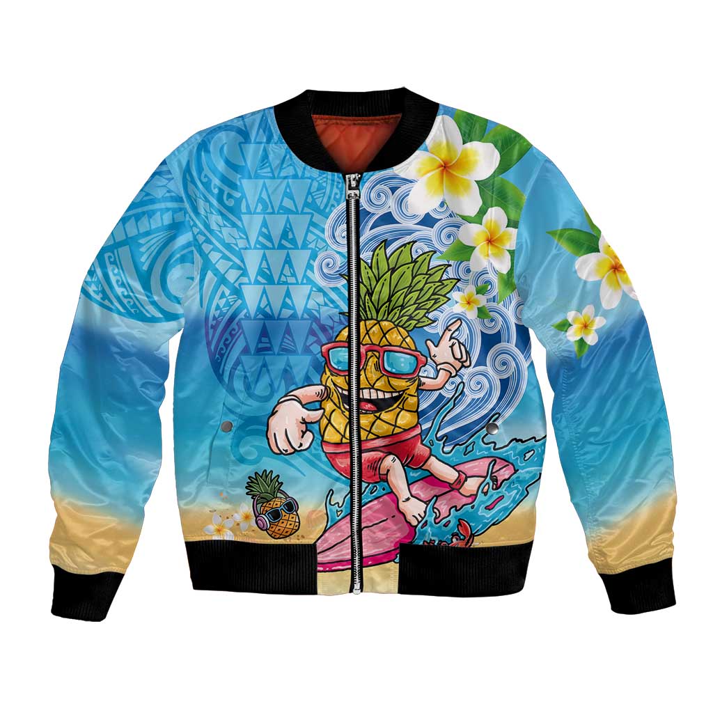 Hawaiian Funny Pineapple Surfing Bomber Jacket Beach with Tribal Kakau and Plumeria LT03 Unisex Multicolor - Polynesian Pride