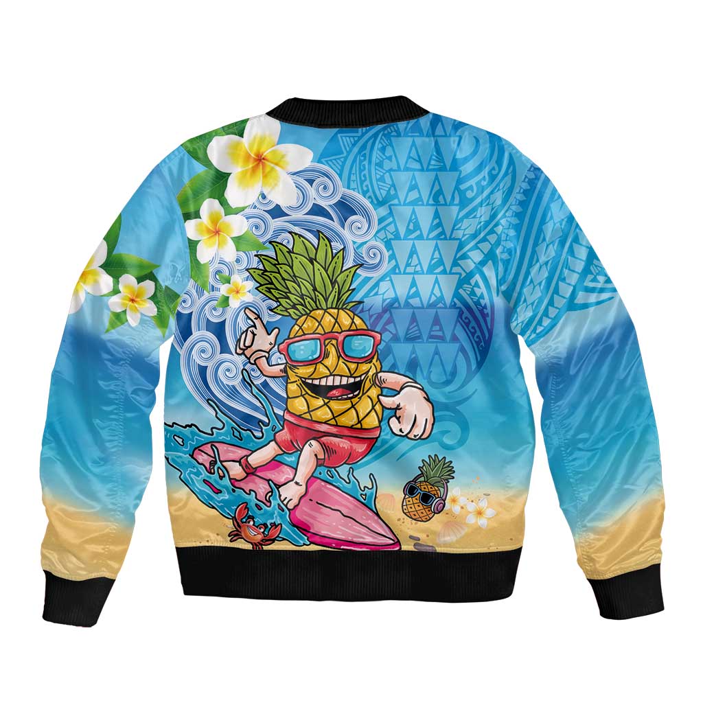 Hawaiian Funny Pineapple Surfing Bomber Jacket Beach with Tribal Kakau and Plumeria LT03 - Polynesian Pride
