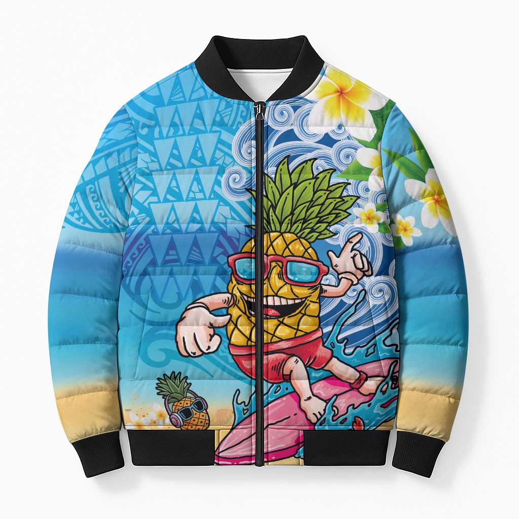 Hawaiian Funny Pineapple Surfing Bomber Puffer Jacket Beach with Tribal Kakau and Plumeria LT03 Unisex Multicolor - Polynesian Pride