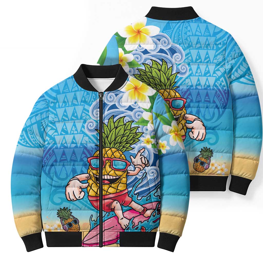 Hawaiian Funny Pineapple Surfing Bomber Puffer Jacket Beach with Tribal Kakau and Plumeria LT03 - Polynesian Pride
