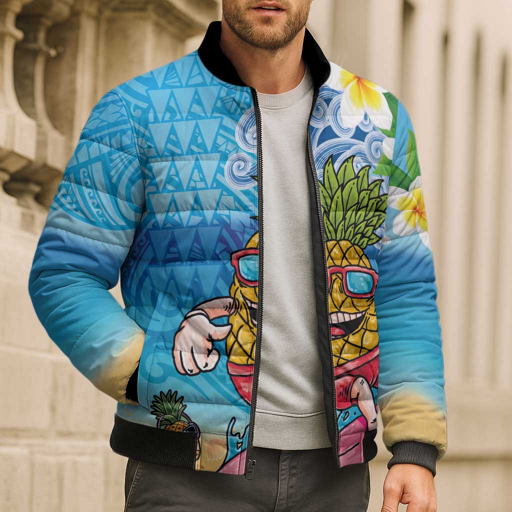 Hawaiian Funny Pineapple Surfing Bomber Puffer Jacket Beach with Tribal Kakau and Plumeria LT03 - Polynesian Pride