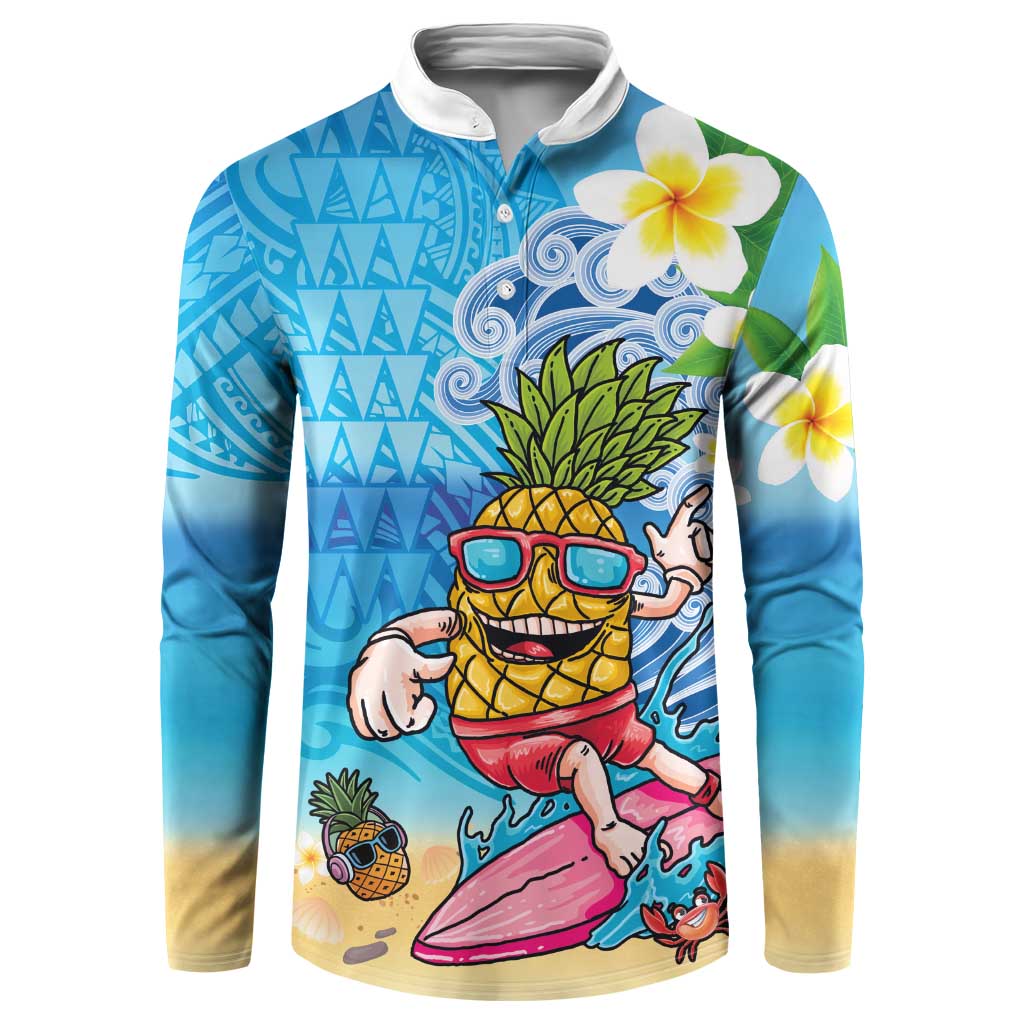 Hawaiian Funny Pineapple Surfing Button Sweatshirt Beach with Tribal Kakau and Plumeria LT03 Multicolor - Polynesian Pride