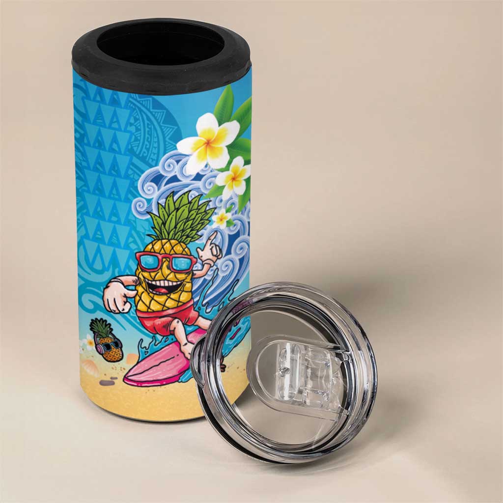 Hawaiian Funny Pineapple Surfing 4 in 1 Can Cooler Tumbler Beach with Tribal Kakau and Plumeria