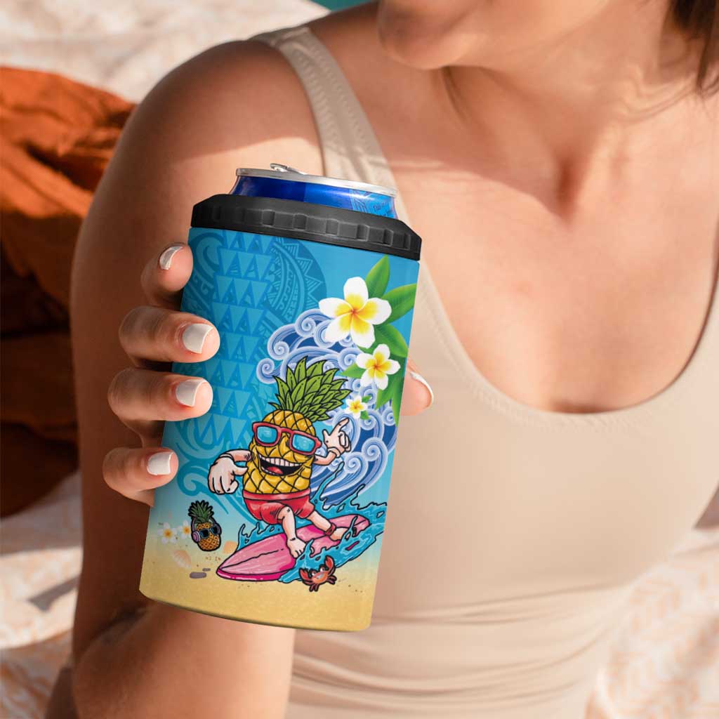 Hawaiian Funny Pineapple Surfing 4 in 1 Can Cooler Tumbler Beach with Tribal Kakau and Plumeria