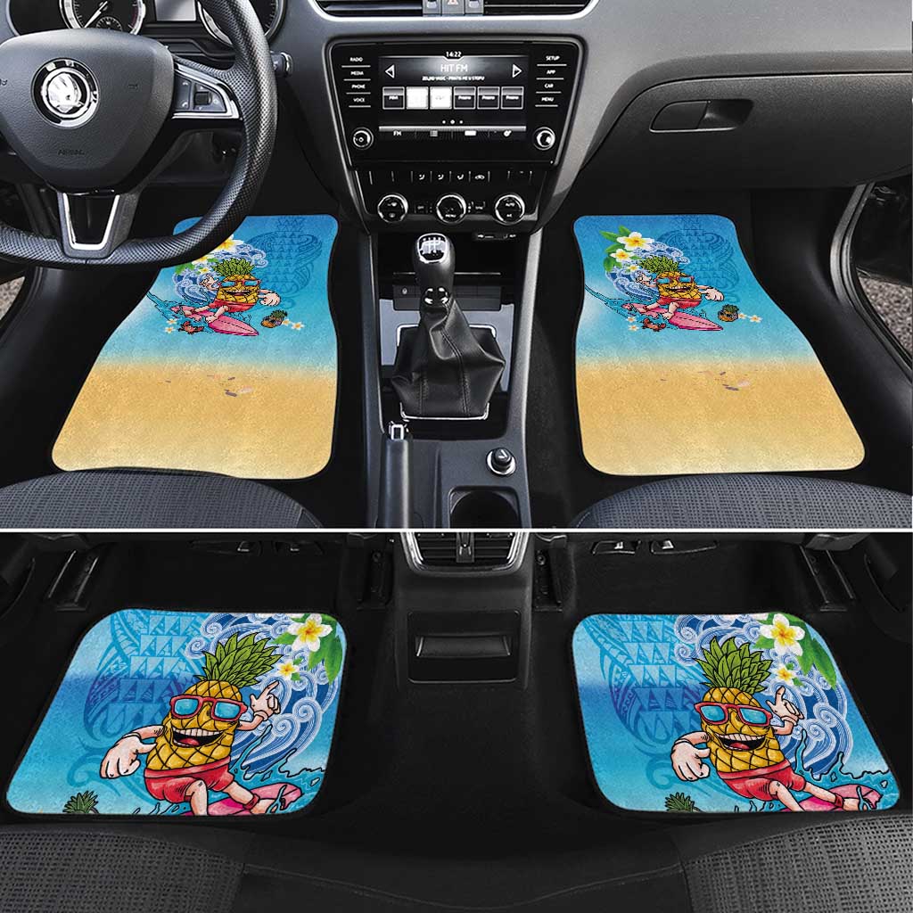 Hawaiian Funny Pineapple Surfing Car Mats Beach with Tribal Kakau and Plumeria LT03 Set 4pcs Multicolor - Polynesian Pride