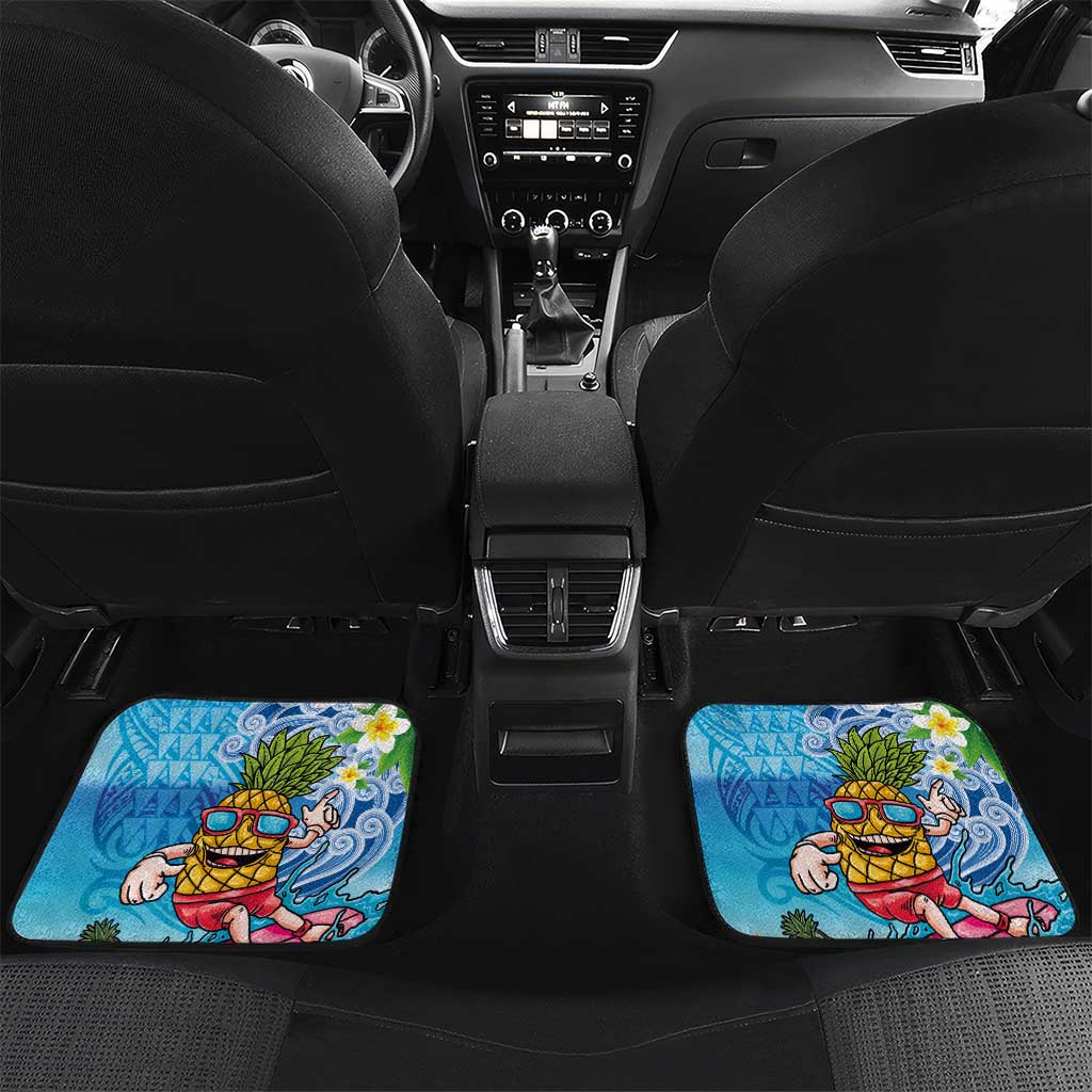 Hawaiian Funny Pineapple Surfing Car Mats Beach with Tribal Kakau and Plumeria LT03 Set 2pcs - Back Multicolor - Polynesian Pride