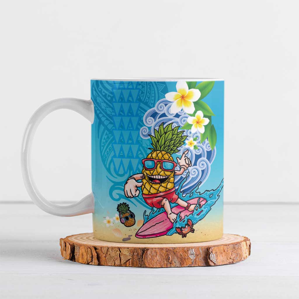 Hawaiian Funny Pineapple Surfing Ceramic Mug Beach with Tribal Kakau and Plumeria