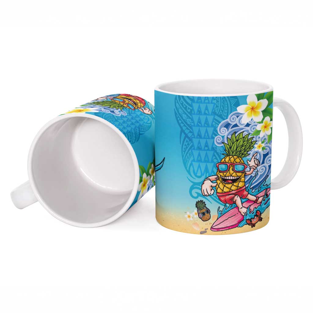 Hawaiian Funny Pineapple Surfing Ceramic Mug Beach with Tribal Kakau and Plumeria
