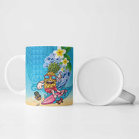 Hawaiian Funny Pineapple Surfing Ceramic Mug Beach with Tribal Kakau and Plumeria