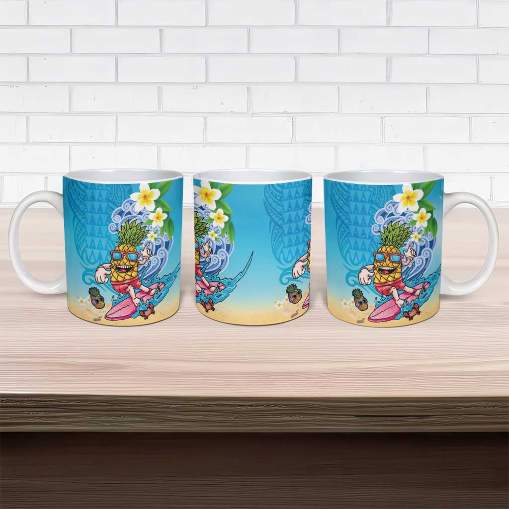 Hawaiian Funny Pineapple Surfing Ceramic Mug Beach with Tribal Kakau and Plumeria