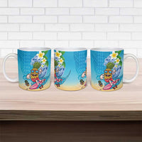 Hawaiian Funny Pineapple Surfing Ceramic Mug Beach with Tribal Kakau and Plumeria