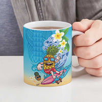 Hawaiian Funny Pineapple Surfing Ceramic Mug Beach with Tribal Kakau and Plumeria