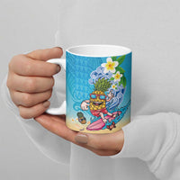 Hawaiian Funny Pineapple Surfing Ceramic Mug Beach with Tribal Kakau and Plumeria