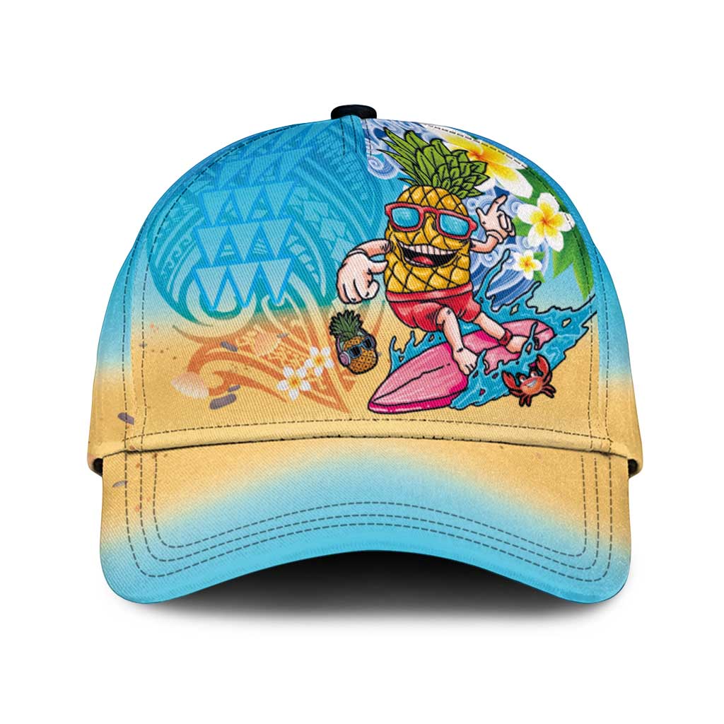 Hawaiian Funny Pineapple Surfing Classic Cap Beach with Tribal Kakau and Plumeria LT03 Universal Fit Multicolor - Polynesian Pride