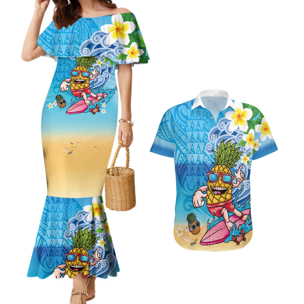 Hawaiian Funny Pineapple Surfing Couples Matching Mermaid Dress and Hawaiian Shirt Beach with Tribal Kakau and Plumeria